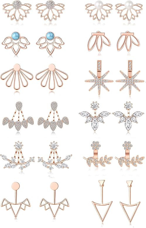 Tornito 6-12 Pairs Lotus Flower Earring Studs Chic CZ Earrings Jackets For Women Silver Rose Gold... | Amazon (US)