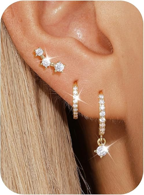 Sterling Silver Earrings for Women 3 Pairs Huggie Hoop Set | Amazon (US)
