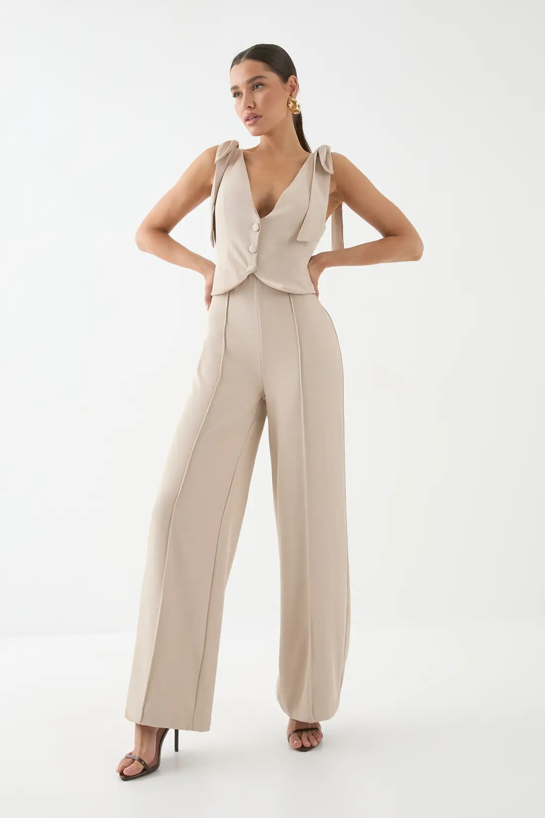 Stone MissPap Tailored Tie Shoulder Waistcoat Jumpsuit | Boohoo USA | boohoo (US & Canada)
