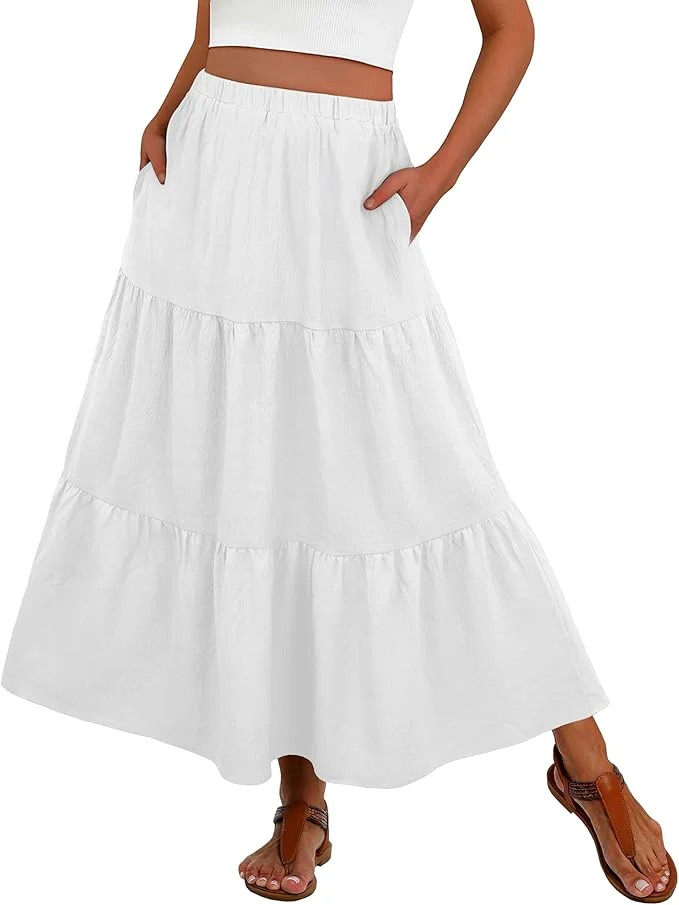 JWD Summer Maxi Skirt for Women Boho Lightweight Flowy Tiered Long Beach Skirts with Pockets Whit... | Walmart (US)