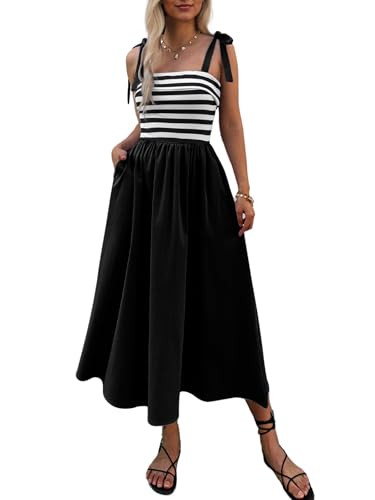 Women Summer Tie Spaghetti Strap Striped Dresses Sleeveless Stretch Flowy Maxi Sundress Beach Dre... | Amazon (US)