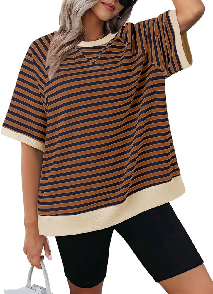 Dokotoo Oversized T Shirts for Women Striped Color Block Crewneck Short Sleeve Casual Summer Tops... | Amazon (US)
