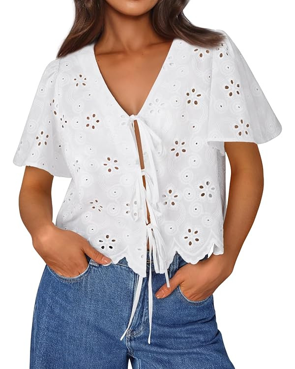 Trendy Queen Womens Tie Front Tops Summer Beach Vacation 2025 Fashion Outfits Loose Fit Blouses E... | Amazon (US)