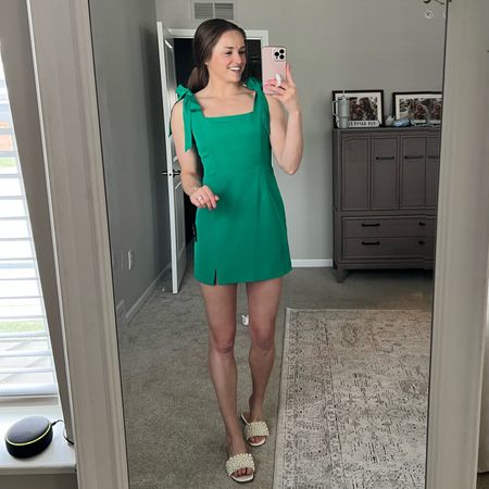 absolutely love this mini dress! Size M from lulus and comes in 4 colors. I have it in white and green ⭐️ try code: EMILYT20 for 20% off 

#LTKfindsunder100 #LTKfindsunder50 #LTKwedding