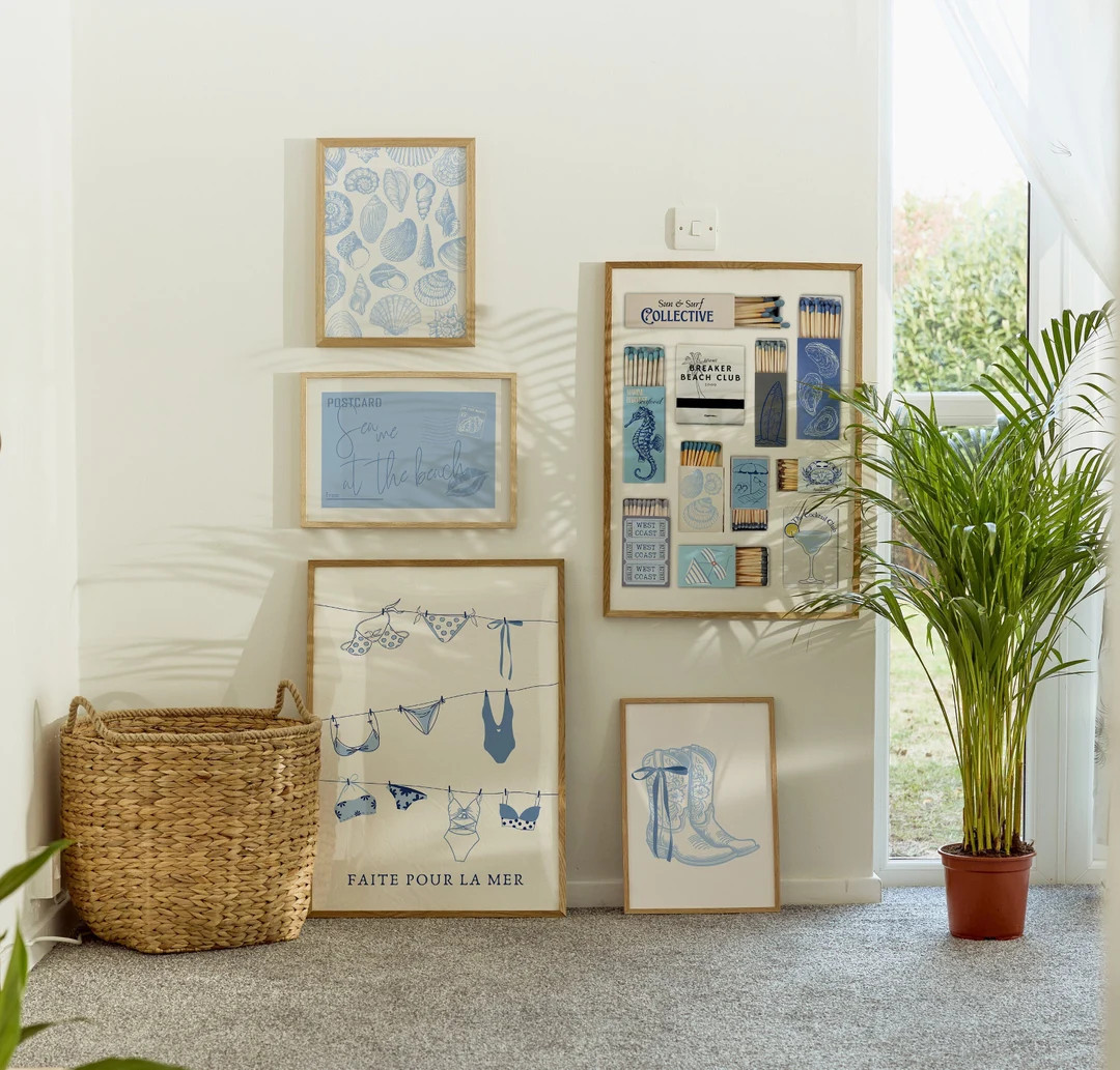 Sea Shells Pastel Blue Print Vintage Matchbox Print Trendy Bikini Poster Set of 5 Coastal Grandda... | Etsy (US)