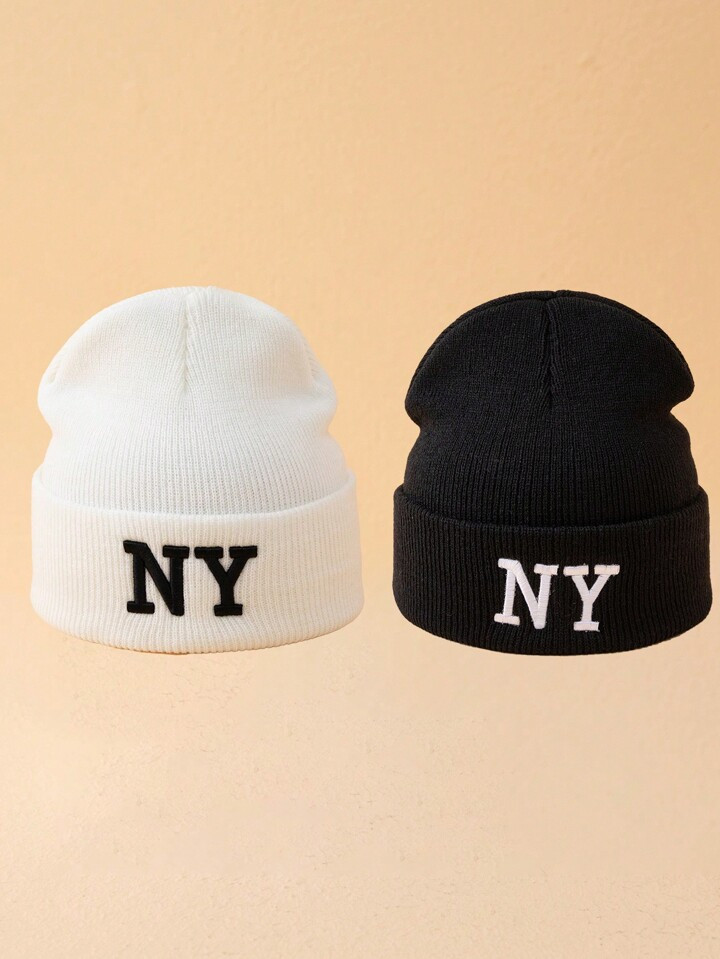 2pcs/set Women's Winter Knitted Hat With 3d Embroidery Ny Letters, Beanie Hats, Suitable For Autu... | SHEIN