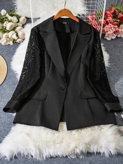 Plus Lace Insert Single Button Blazer
   SKU: sw2108273681321006      
          (470 Reviews)
  ... | SHEIN