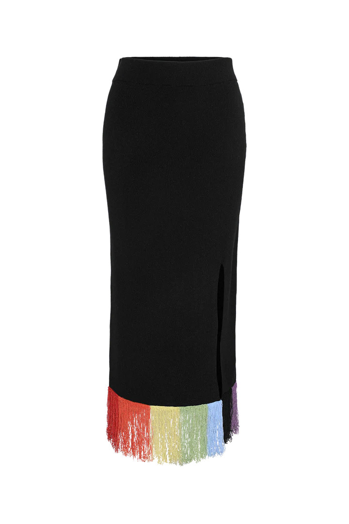 Faye Black Rainbow Tassel Knit Midi Skirt | Olivia Rubin