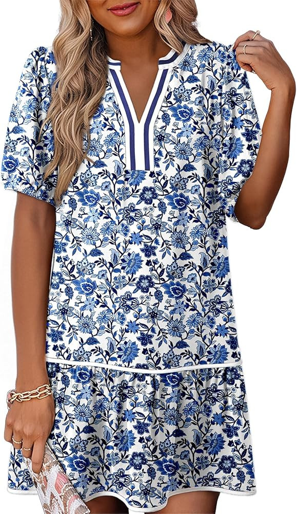 Dokotoo Women's Summer Dress Short Puff Sleeve V Neck Boho Floral Mini Casual Dresses with Pocket... | Amazon (US)
