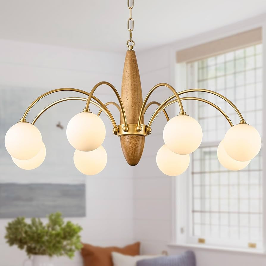 Farmhouse Modern Chandelier 36'' 8 Lights Wood Chandelier Light Fixture with Milk Glass Globes Sh... | Amazon (US)