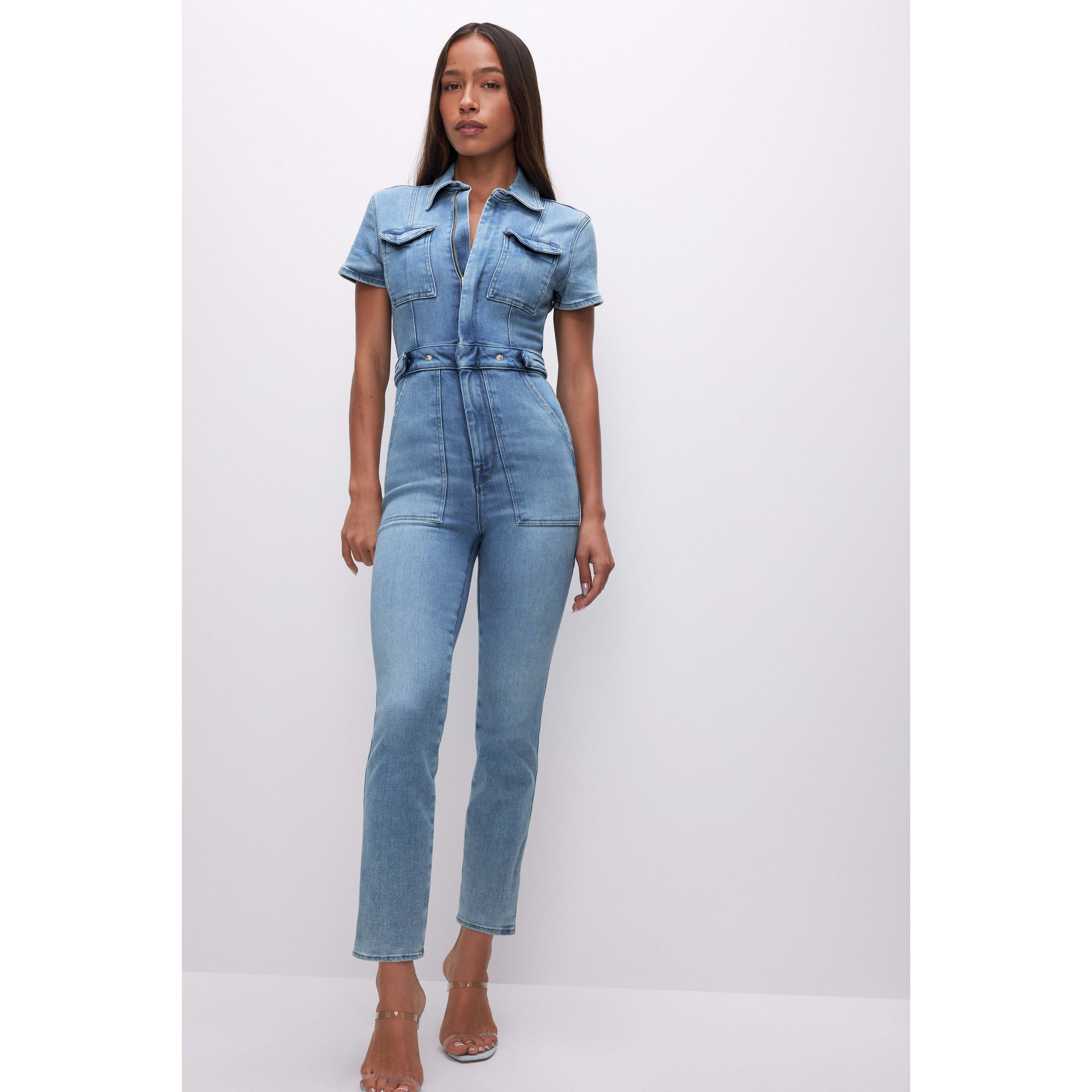 Women's Fit For Success Denim Jumpsuit | Blue, | Hidden Front Zipper Closure, Breast Pockets Size Large | Good American by Khlo� | Good American