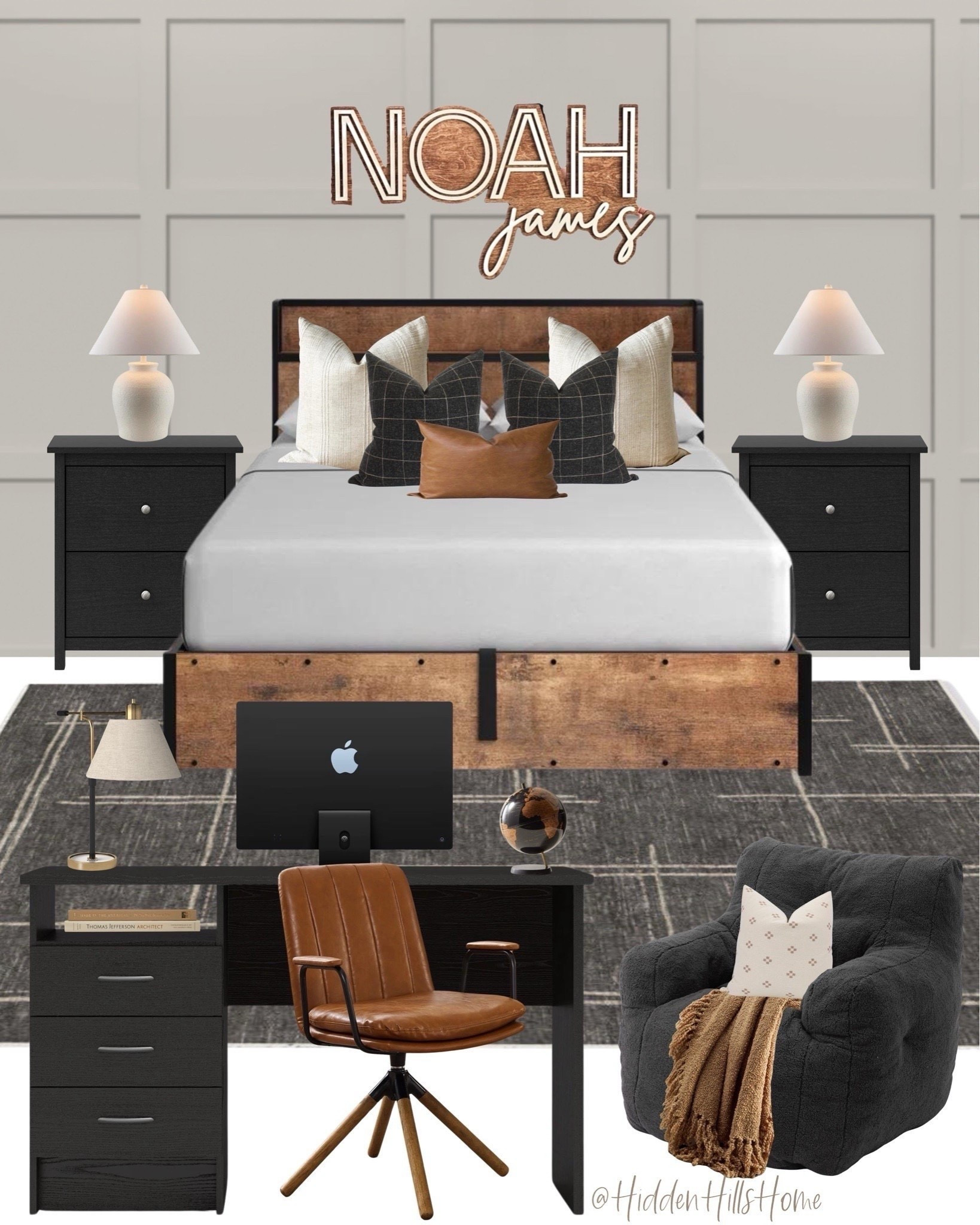 Teen boys bedroom mood board, modern classic boys bedroom design, teen bed, teen desk, rug for teen bedroom #teen