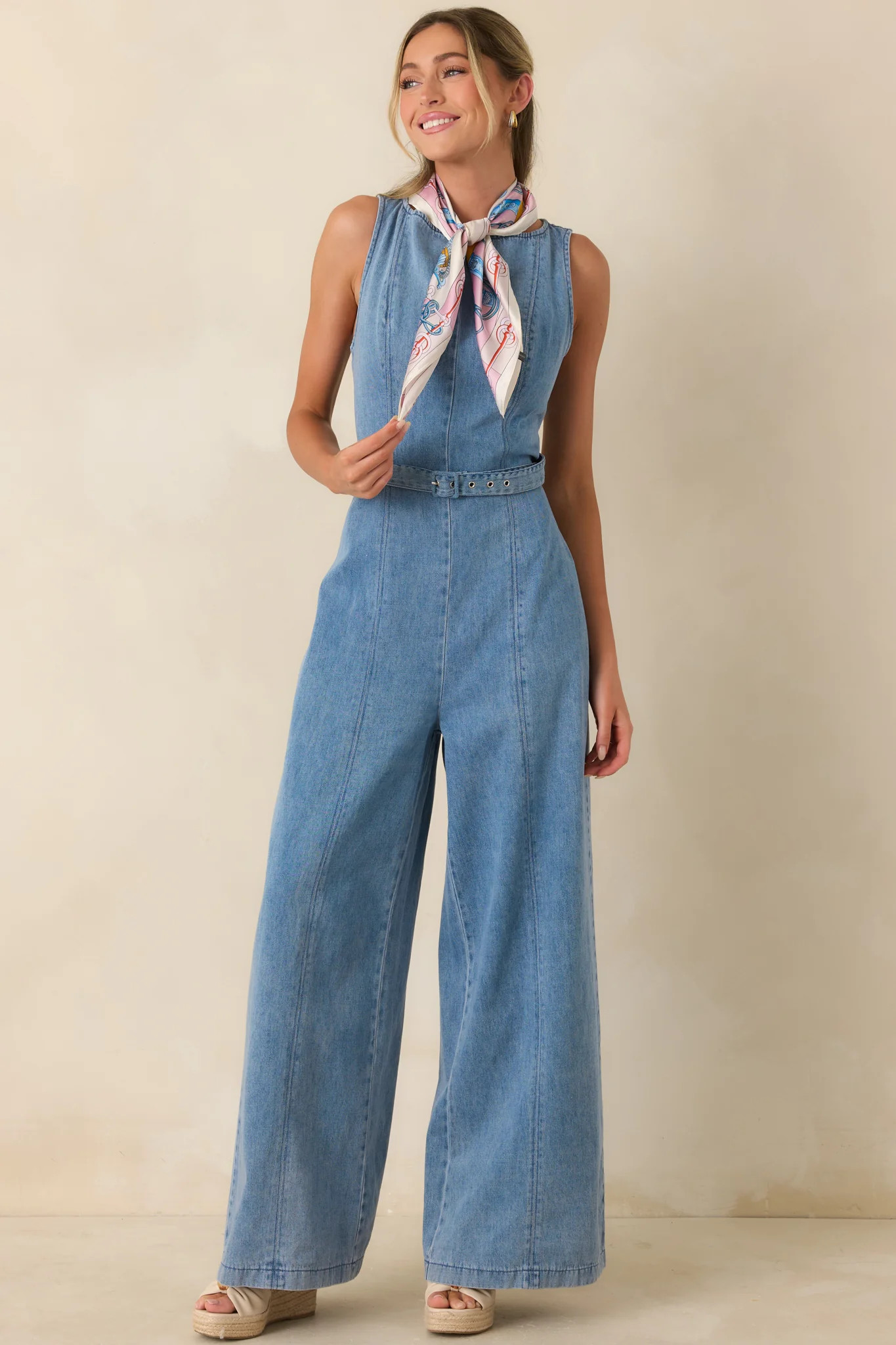 Smooth Operator Light Wash Cotton Denim Sleeveless Jumpsuit | Red Dress