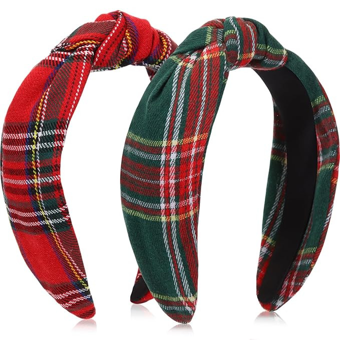 Yilloog 2pcs Christmas Headbands for Women Knotted Buffalo Plaid Hairband Fashionable Wide Top Kn... | Amazon (US)