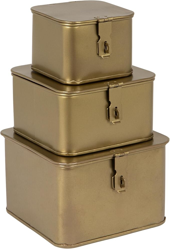 Creative Co-Op Square Decorative Metal Boxes with Gold Finish (Set of 3 Sizes) | Amazon (US)