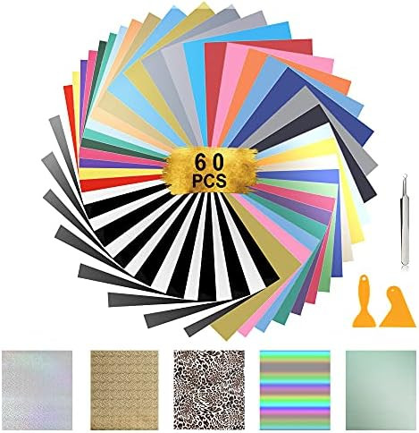 HTV Heat Transfer Vinyl Bundle, 60 Pack 12” × 10” Iron on Vinyl for T-Shirt, 25 Assorted Col... | Amazon (US)