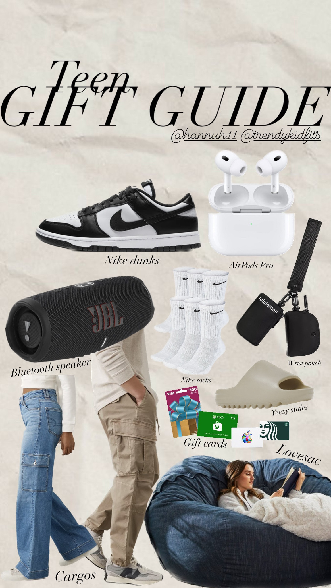 TEEN GIFT GUIDE -  Nike dunks, AirPod pro , gift cards , cargo pants, Yeezy slides , lululemon wrist pouch 

#LTKstyletip #LTKGiftGuide #LTKHolidaySale