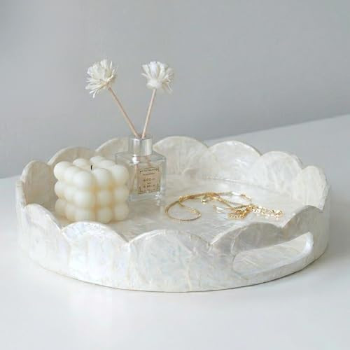 Chi An Home 12.6” White Capiz Shell Round Decorative Tray with Handles, Scalloped Centerpiece for Coffee Table, Decorative Round Tray for Modern Coastal Boho Home Decor | Amazon (US)