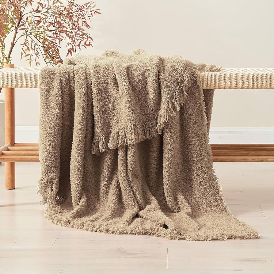 Throw Blanket for Couch-Soft Boho Bed Throw Blanket,Knitted Tan Fluffy Throw Blanket,Cozy Fuzzy C... | Amazon (US)