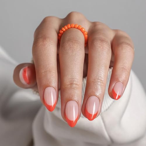 Orange French Tip Press On Nails Short Almond - GJZEZ Soft Gel Fall Thanksgiving Halloween Summer Fake Nails Gifts for Women, Salon Quality Natural Long Lasting Reusable Faux Nail | 16 Sizes - 32 PCS | Amazon (US)