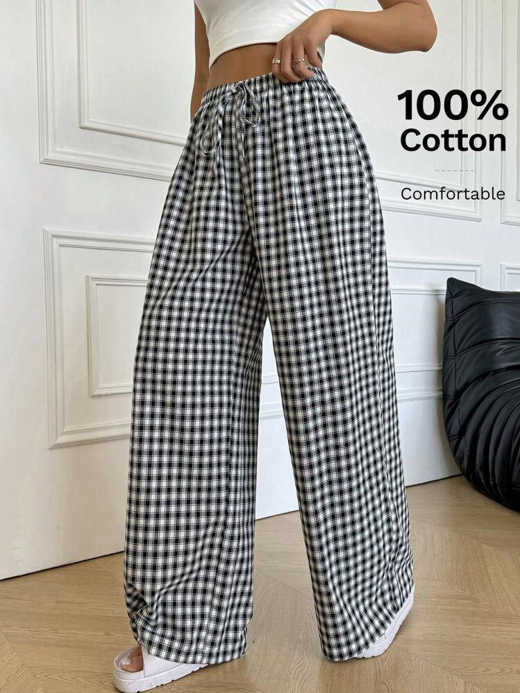 SHEIN EZwear Women's Loose Wide Leg Plaid Pants With Front Tie, Casual Daily Wear | SHEIN