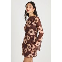 boohoo Women's Floral Mesh Flare Sleeve Mini Dress in Chocolate | Size: 10 | boohoo (US & Canada)