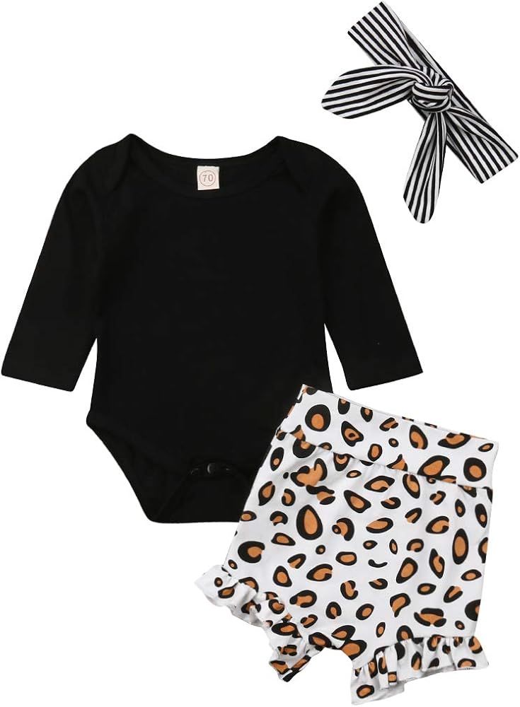 Newborn Infant Baby Girls Black Short/Long Sleeve Romper Top Leopard Print Ruffled Shorts Pants H... | Amazon (US)