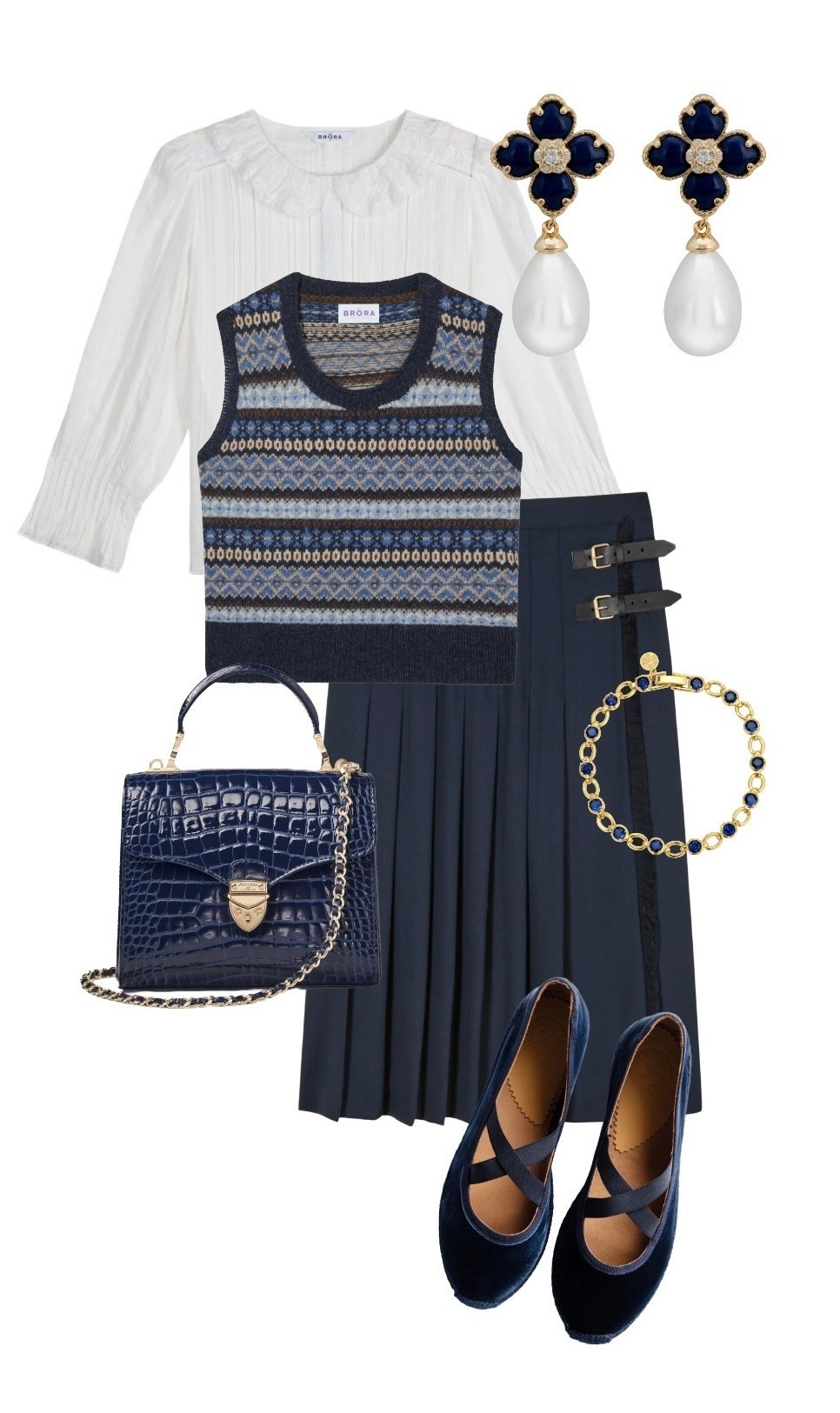 Classic and regal, partner these new Brora arrivals with beautiful blue accessories 💙

White Frill Blouse, Fair Isle Wool Tank & Navy Wool Crepe Kilt Midi Skirt - NEW Brora at John Lewis 

Clover Sapphire Blue Drop Earrings - Latelita at Wolf & Badger (also available as studs)

Mini Mayfair Bag in Navy Croc Effect Patent Leather - Aspinal of London

Navy Velvet Chico Flats - NEW SEASON at Penelope Chilvers 

Lina Blue Gold Tennis Bracelet - Leeada at Wolf & Badger 

#LTKshoes #LTKeurope #LTKbag #LTKstyletip

#LTKuk #LTKautumn #LTKluxury