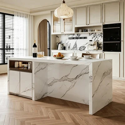 Modern White Marble Kitchen Island with Storage Cabinet and Open Wood Shelving, Fully Assembled Prep Table and Breakfast Bar | Wayfair North America