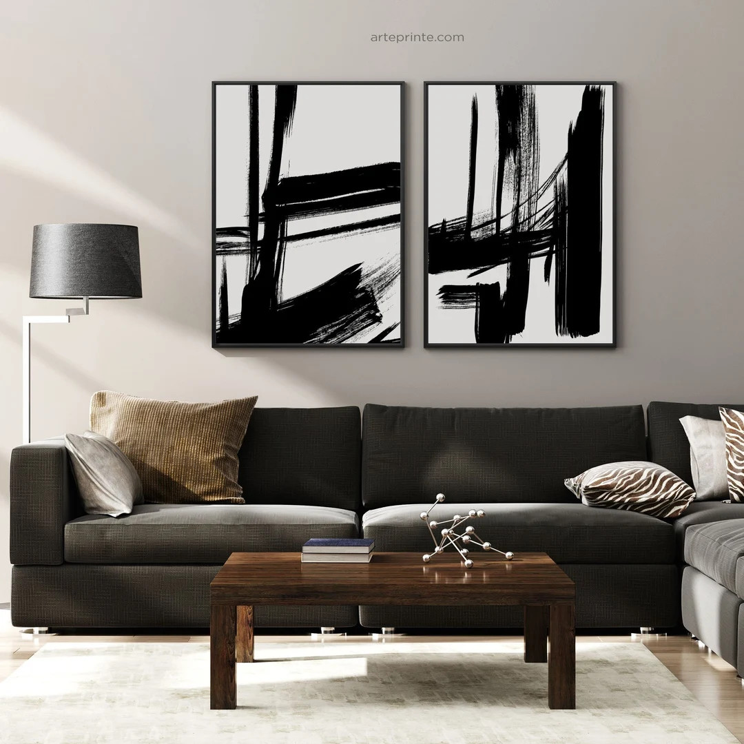 Modern Abstract Set of 2, Brush Strokes Black and White Printable Art, Ink Painted Minimalist Art... | Etsy (US)