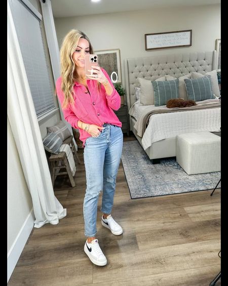 Valentine’s Day outfit idea
Casual style 
My button down top is an Amazon find size small

These jeans are stretchy and comfy I got size 26

Nike blazer true to size I am normally between a 7 or 7.5 and I got size 7



#LTKunder50 #LTKFind #LTKstyletip