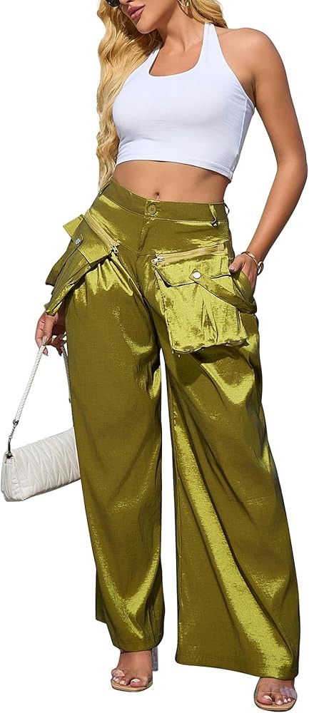 Women's Satin-Look Cargo Pants, Fashion Metallic High Waist Outfits with Pockets | Amazon (US)