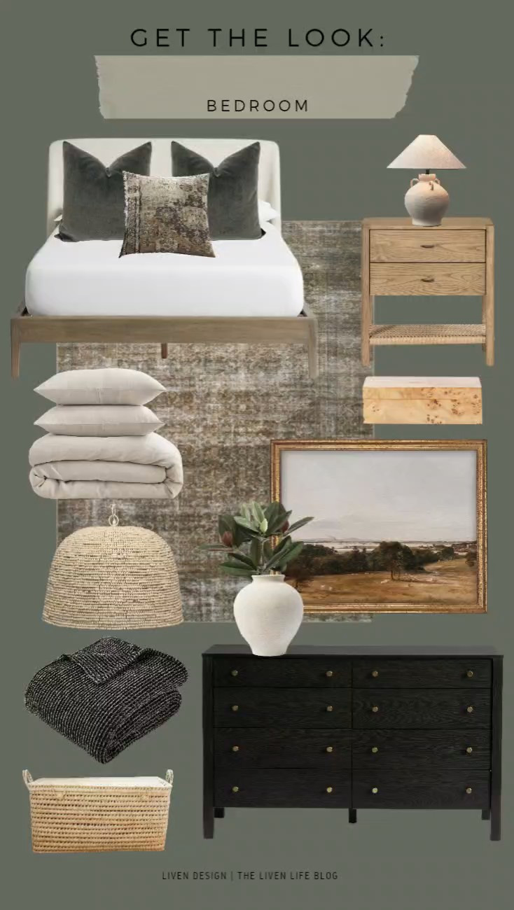 Moody natural bedroom. Decor. Throw pillows. Velvet pillow. Black dresser. Distressed vintage rug. Upholstered bed. Landscape painting. Ceramic table lamp. 

#LTKSeasonal #LTKHome #LTKSaleAlert