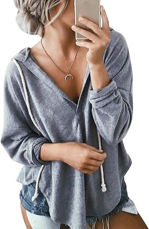 Womens Long Sleeve Deep V Neck Drawstring Sweatshirt Hoodies Tops Blouse | Amazon (US)