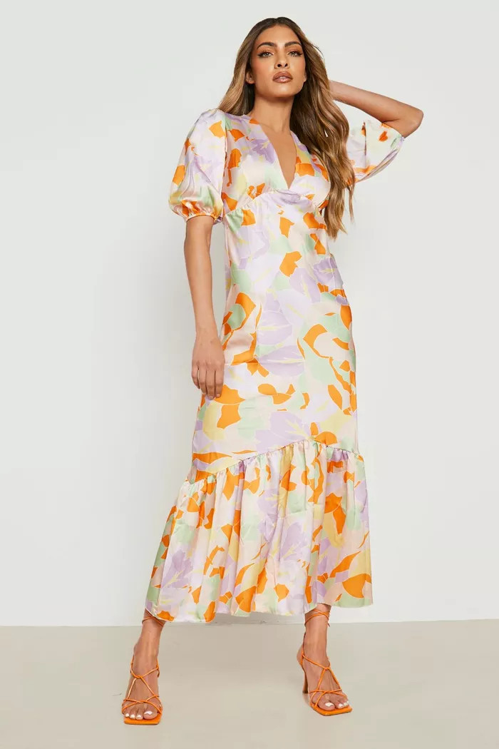 Floral Puff Sleeve Drop Hem Midi Dress | Boohoo.com (US & CA)