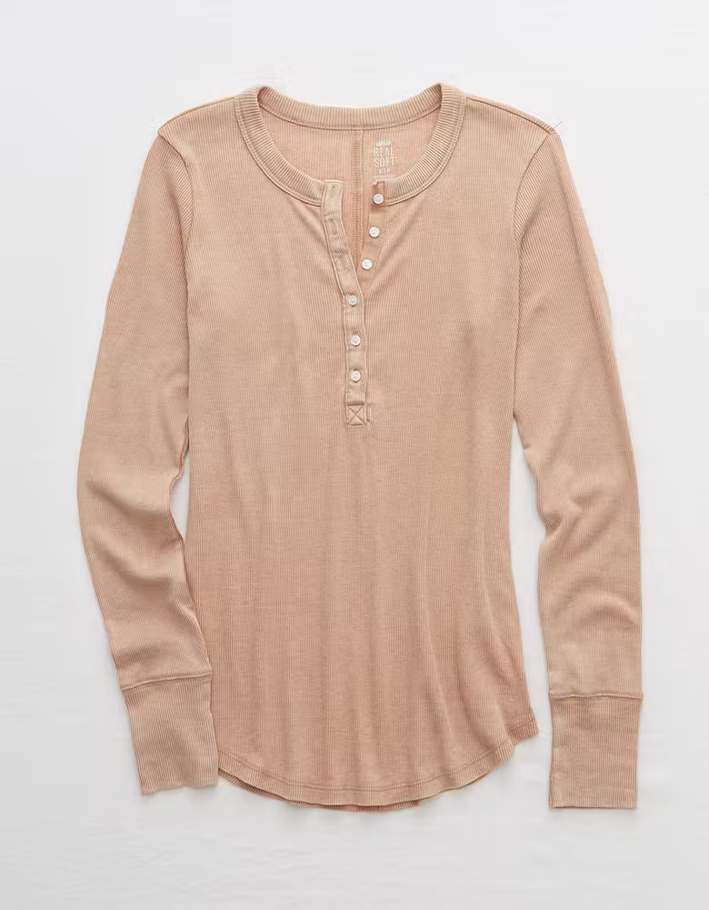 Aerie Long Sleeve Ribbed Henley T-Shirt | American Eagle Outfitters (US & CA)