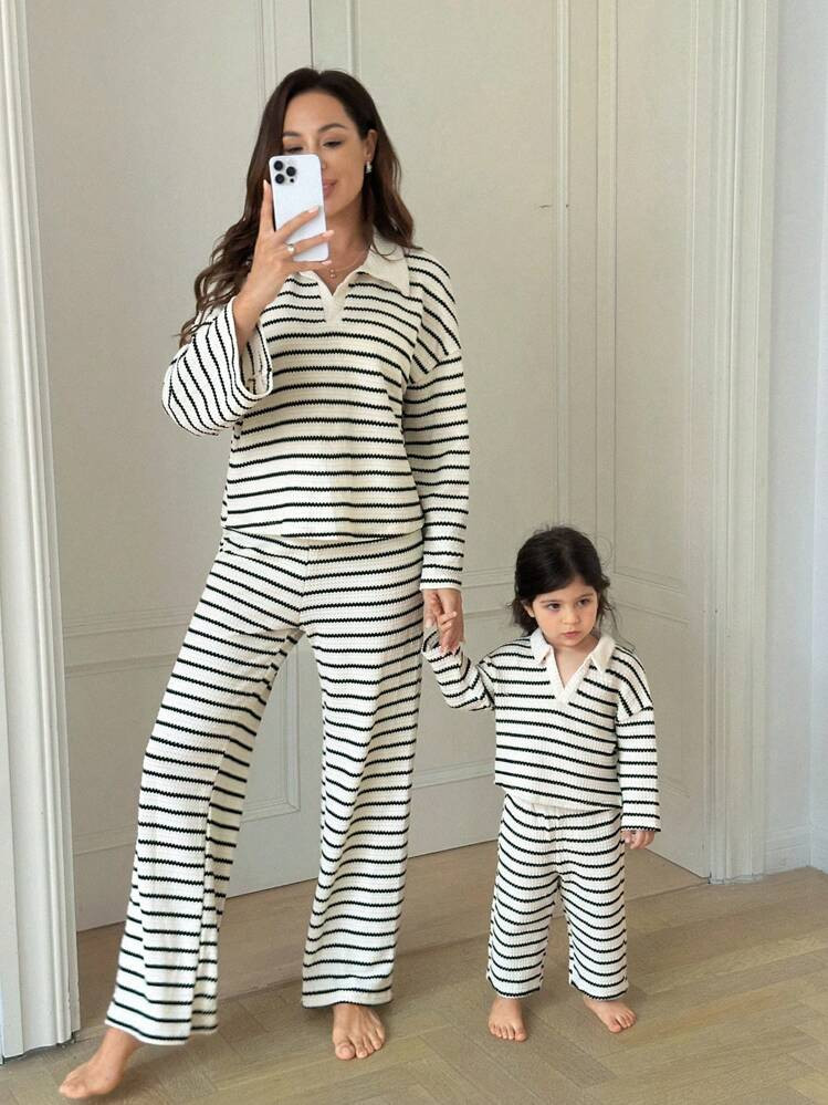 SHEIN Mommy And Me Matching Outfits(2 Sets Are Sold Separately)Babygirl Cute Casual Versatile Knitted Striped Long Sleeve Polo Shirt & Elastic Waist Long Pants 2pcs Set,Skin-Friendly And Soft Fabric To Protect Baby's Skin, Can Be Worn Indoors Or Outdoors, First Choice For Mothers Fall Winter | SHEIN