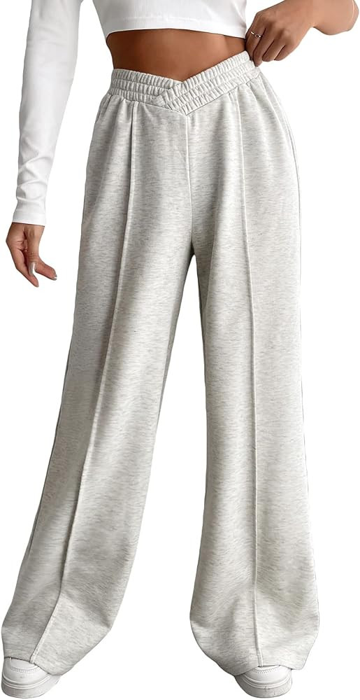 COZYEASE Women's Solid Asymmetrical Wide Leg Sweatpants Drop Waist Long Length Plain Pants | Amazon (US)