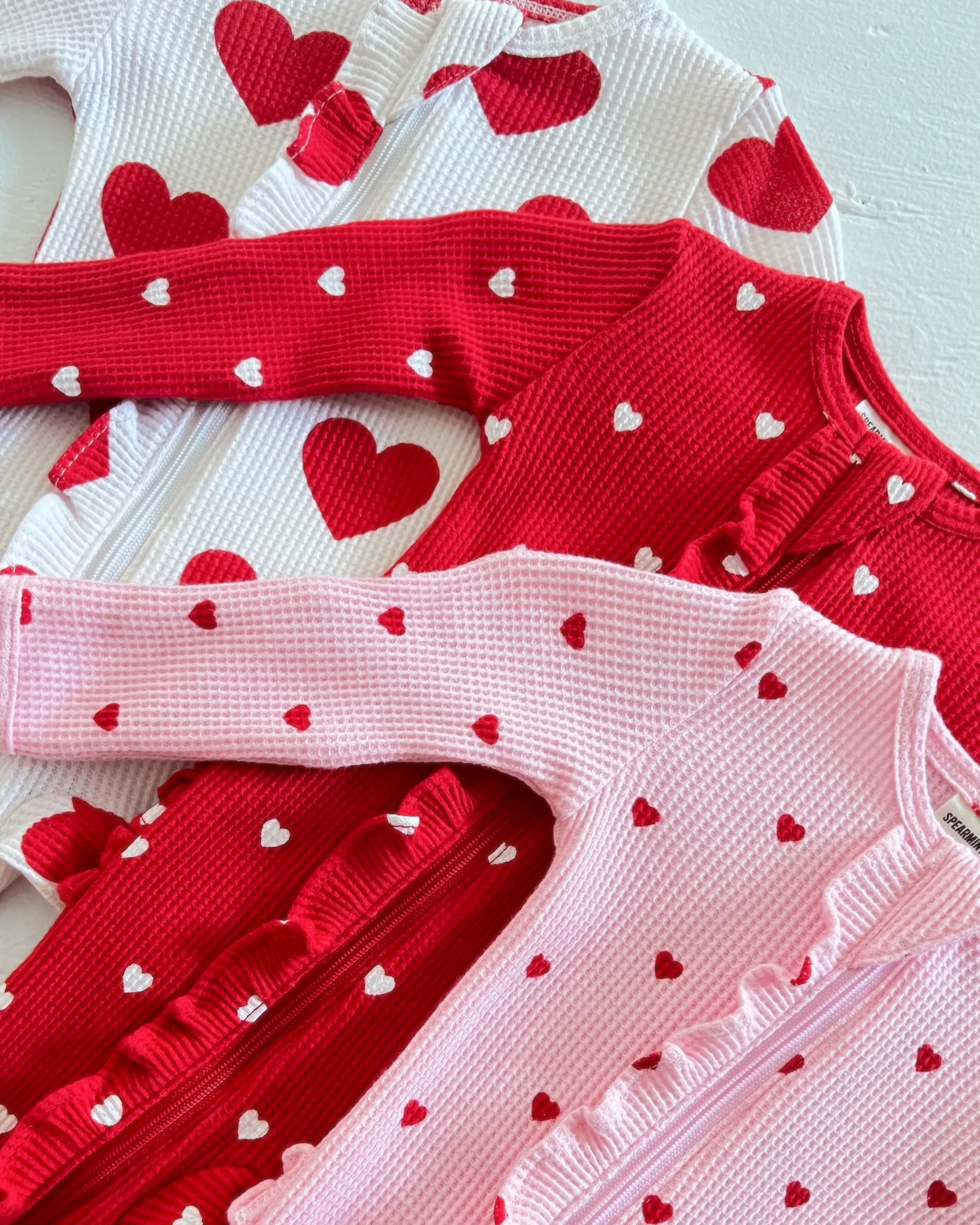 Organic Waffle Ruffle Zip Footie, Little White Heart (on Red) | SpearmintLOVE