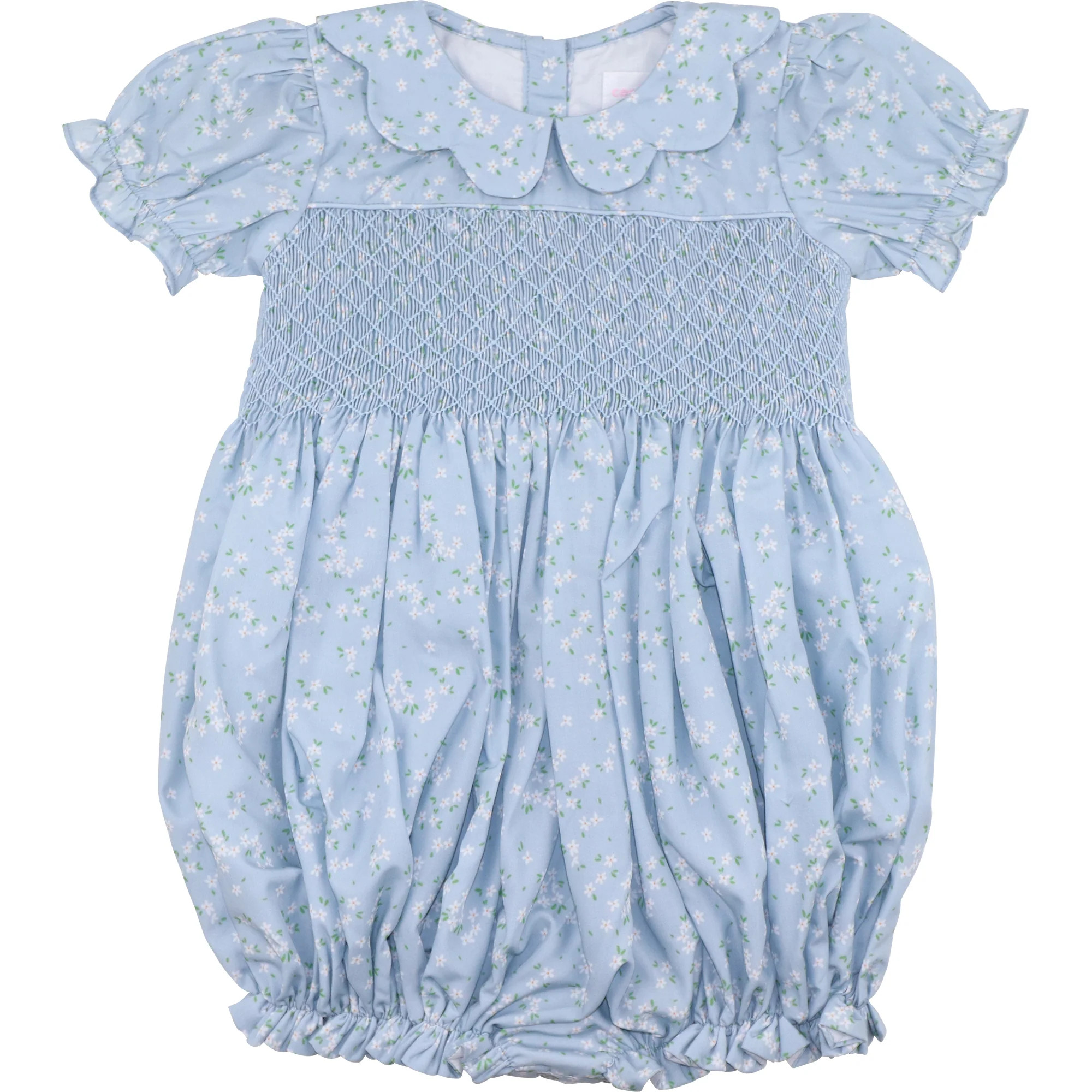 Blue And White Petite Floral Smocked Bubble | Cecil and Lou