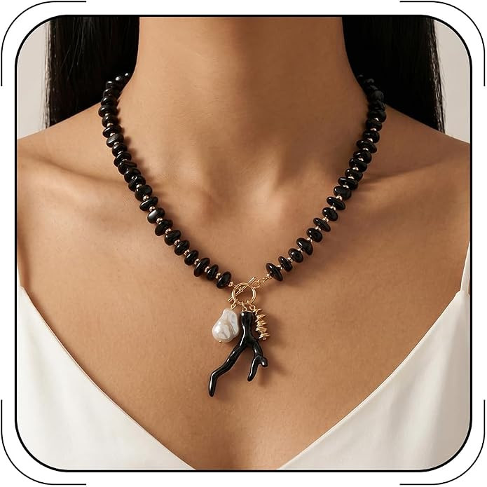 Ocean Coral Pendant Necklace for Women Green Acrylic Beaded Choker Gold OT Clasp Baroque Pearl Ch... | Amazon (US)