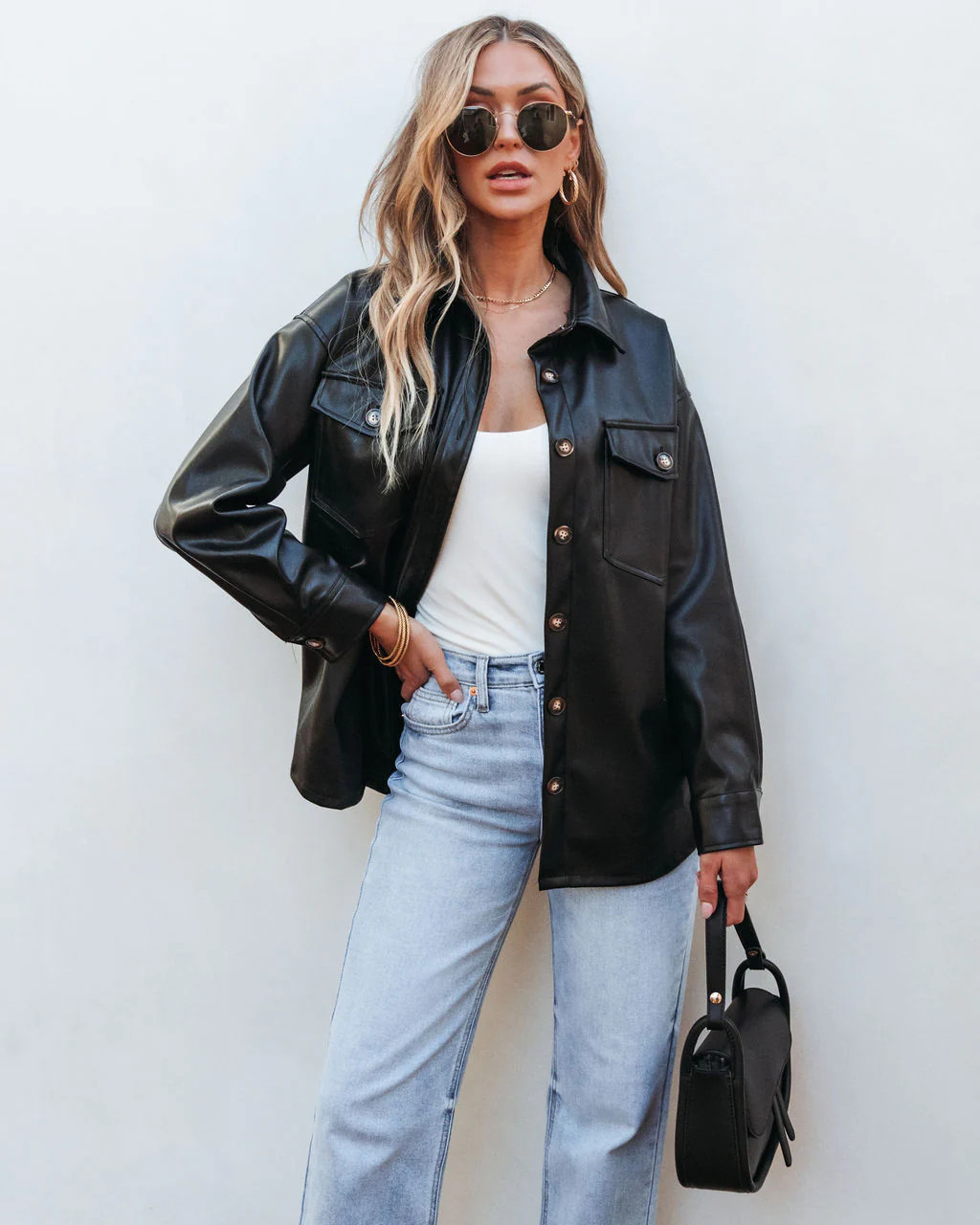 Black Button Down Leather Shacket | Magnolia Boutique