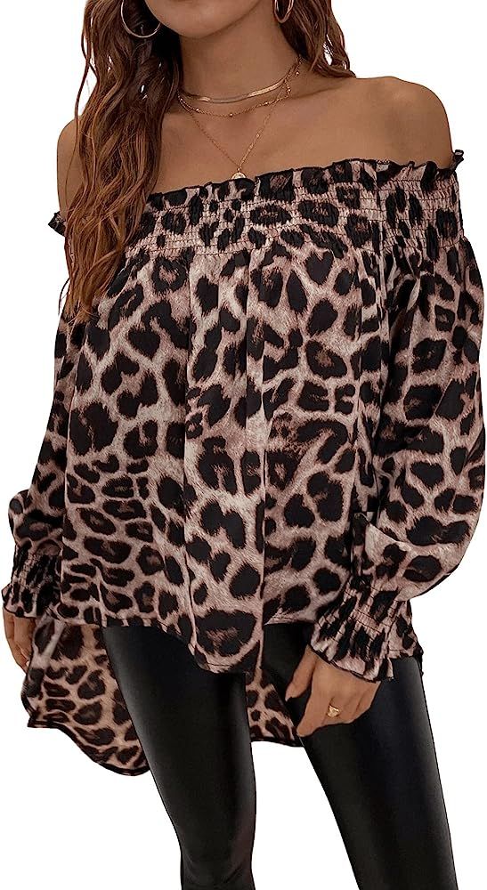 Floerns Women's Leopard Print Off Shoulder Long Sleeve High Low Blouses Tops | Amazon (US)