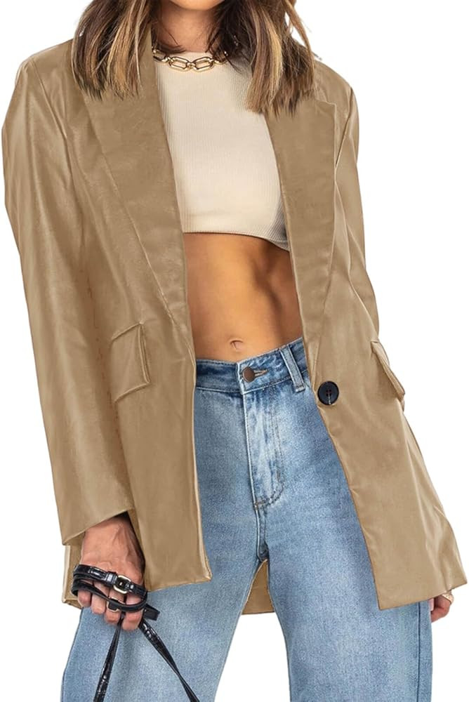 Pepochic Womens Oversized Leather Jacket Long Sleeve Faux Leather Blazer Lapel Button Down Leathe... | Amazon (US)