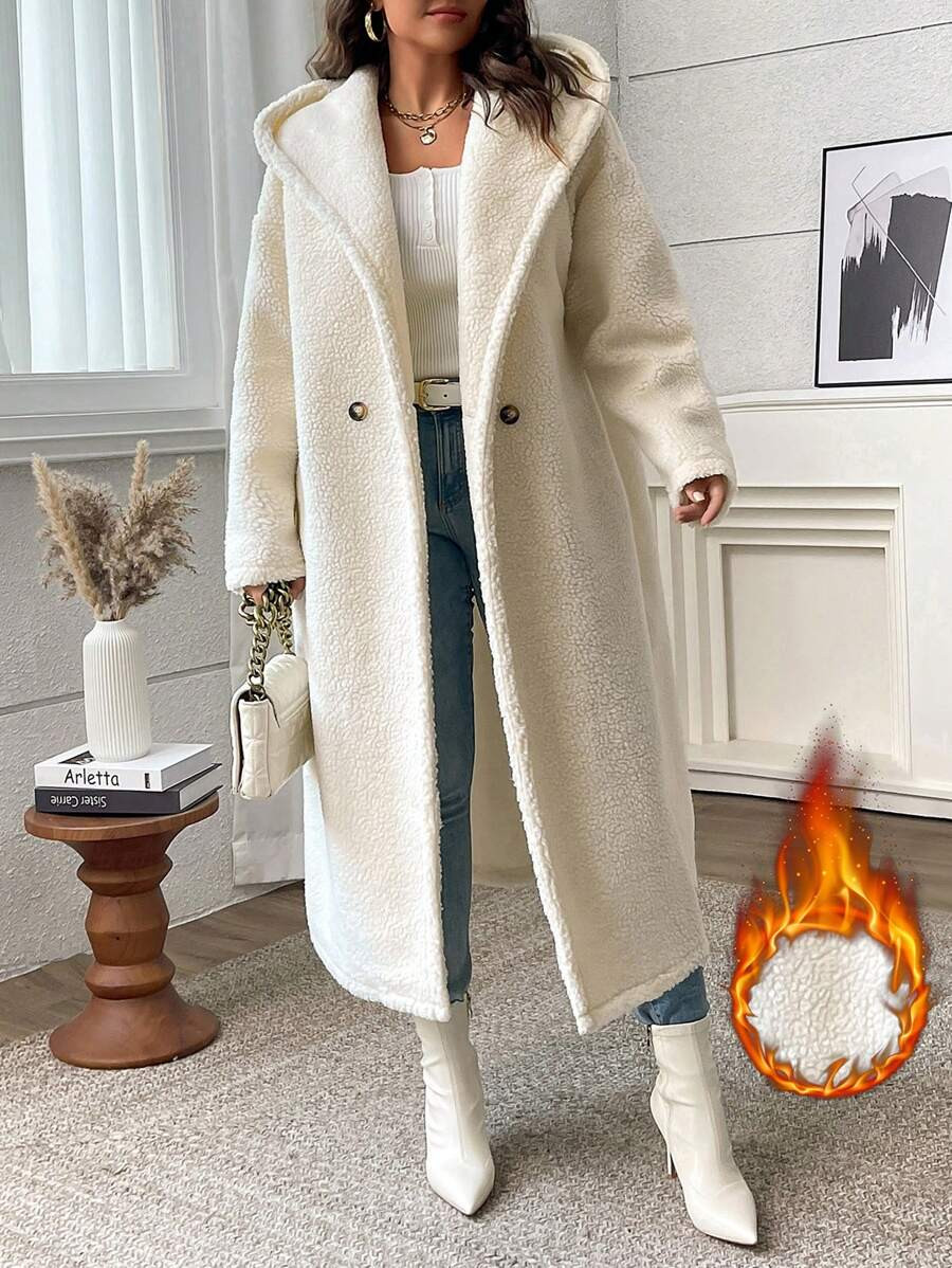 Flirla Plus Size Fuzzy Hooded Teddy Bear Fleece Long Jacket | SHEIN