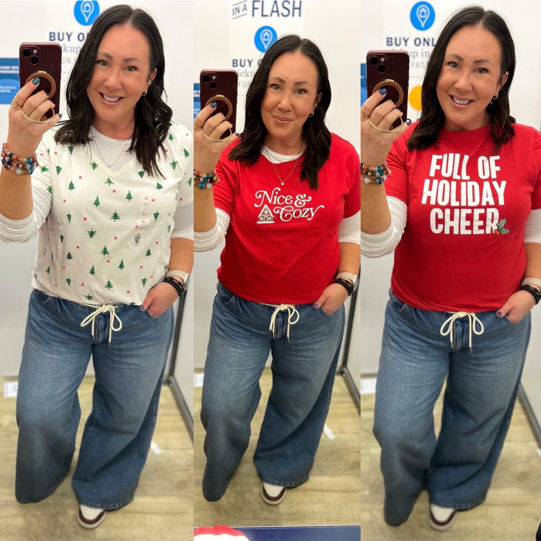 @oldnavy holiday graphic tees on sale for $4.99! XL v neck. Large crewneck tees. Could go with an xl in these for more room. The one on the right is on backwards and still works IMO! XL ribbed top. Large wide leg @target jeans. @nike dunks run true to size.  

#LTKOver40 #LTKFindsUnder50 #LTKSaleAlert