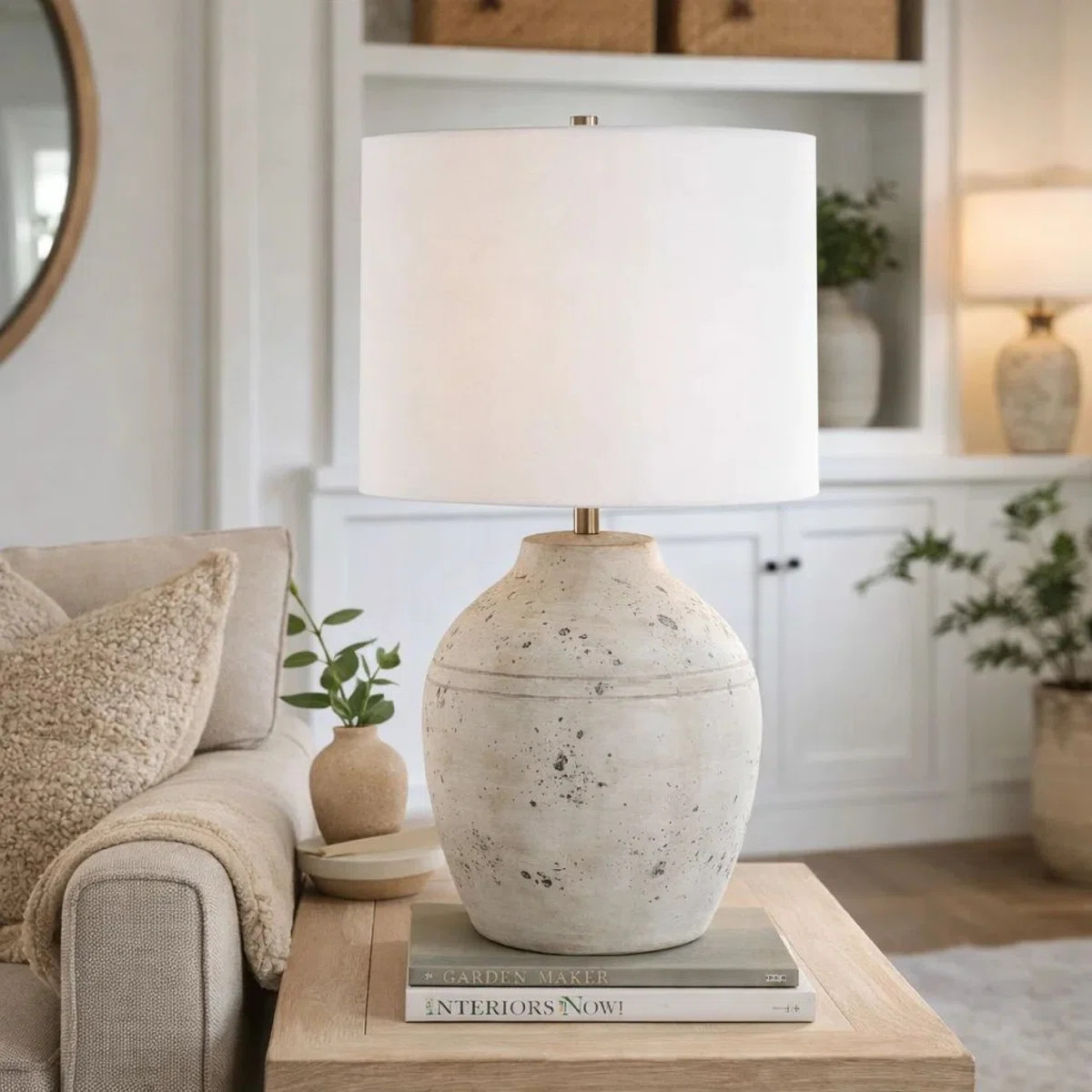 Table Lamp, Round Linen Shade, 24 Inch Distressed White Ceramic Body | Wayfair North America