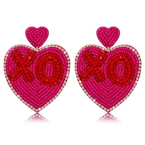 Valentine Heart Earrings XO XO Conversation Heart Rhinestone Beaded Dangle Earrings Valentines Double Hearts Earrings Fashion Valentine's Day Heart Jewelry (XO XO heart beads earring) | Amazon (US)