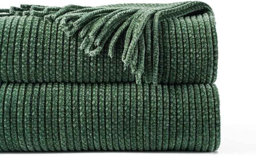 BATTILO HOME Dark Green Throw Blanket for Couch, Soft Chenille Knit Throws with Tassels for Home ... | Amazon (US)