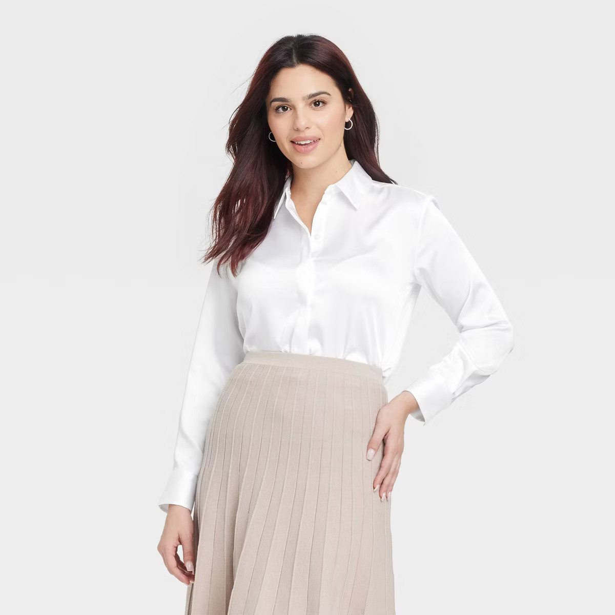 Women's Long Sleeve Collared Satin Button-Down Shirt - A New Day™ White | Target